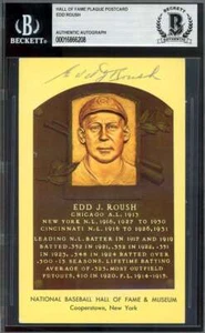 Edd Roush Beckett BAS Signed Gold Hall of Fame Plaque Postcard Autographed - Picture 1 of 2
