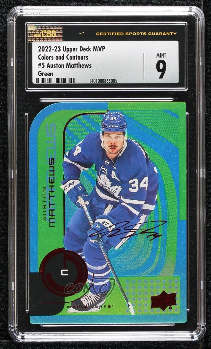 2022 Upper Deck MVP Colors and Contours Green 9/20 Auston Matthews #5 CSG 9 Mint