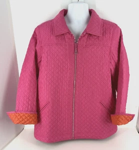 The Quacker Factory Jacket Women Lrg Bright Pink Silk Quilted Rhinestone Puffer - Picture 1 of 11