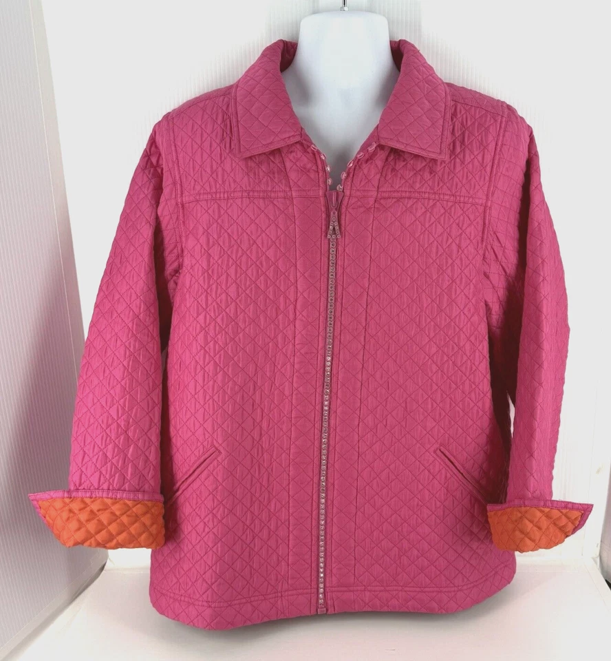 The Quacker Factory Jacket Women Lrg Bright Pink Silk Quilted Rhinestone Puffer - Image 1 of 4