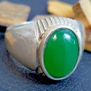 ANTIQUE handmade 925 Sterling Silver Mens Ring natural yemen green agate aqeeq