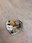 OLD ORCHARD BEAR GENUINE M.O.P. HAND PAINTED HEART SHAPED BROOCH VINTAGE JEWELRY