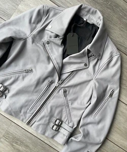 ALL SAINTS COASTAL BLUE "PRESCOTT" LEATHER BIKER JACKET COAT - UK 12 - NEW TAGS - Picture 1 of 12