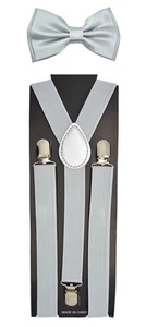 "Gray" Suspendder & Bow tie Matching Set Tuxedo Wedding Suit - Picture 1 of 3