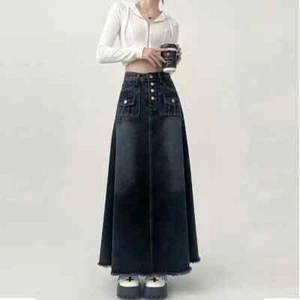 Jeansrock Damen Herbst Lang Mittellang Rock Retro Raw Female Clothing - Bild 1 von 16