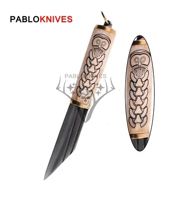 Pequeño saxo vikingo de caza de acero al carbono forjado a mano, agarre de hueso con motivo nórdico Foto 1 de 3