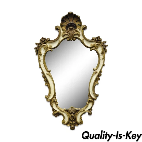 Vintage 25 x 16 Italian Hollywood Regency Gold White Shell Carved Wall Mirror Cover