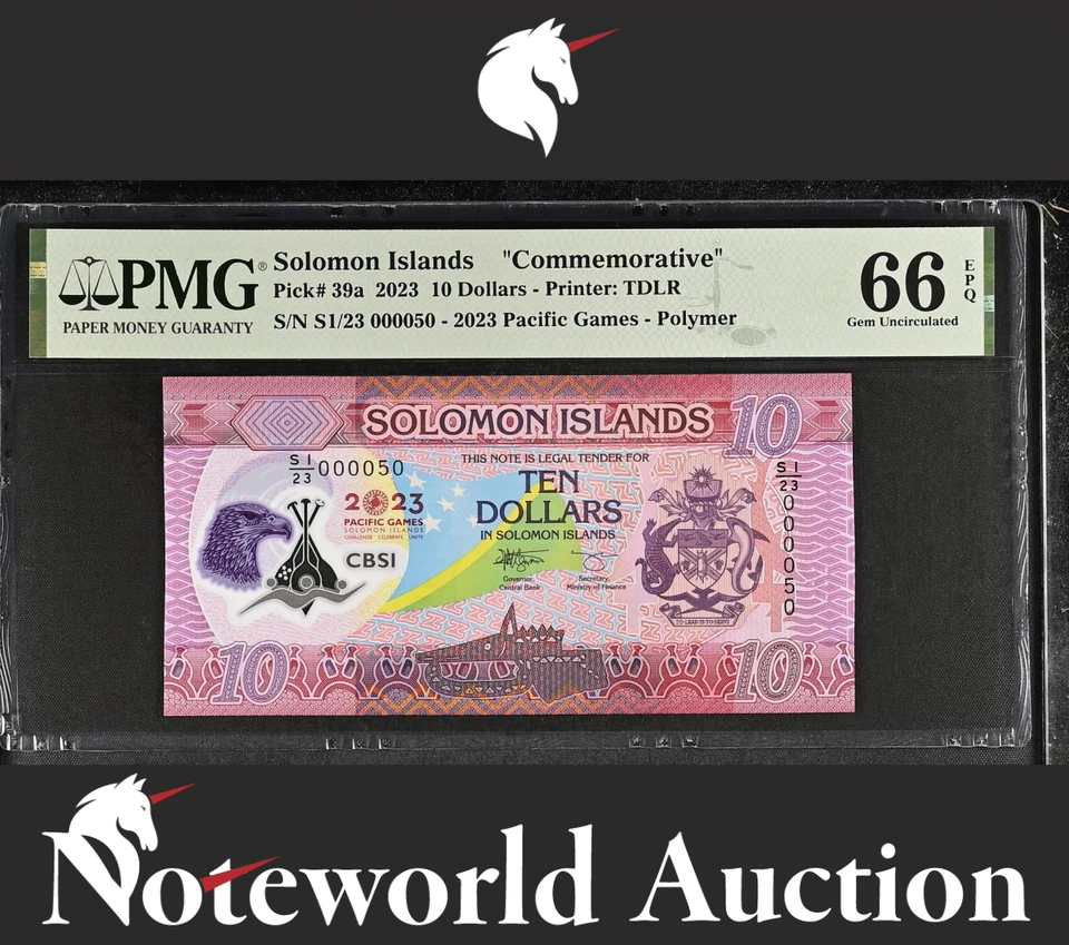 Solomon Islands COMM. 10 Dollars 2023 P 39a Polymer LOW No. 50 UNC PMG 66 EPQ - Image 1 of 4