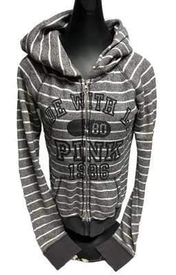 Sudadera con capucha Y2K Victoria’s Secret rosa 1986 gris a rayas cremallera para mujer mediana de colección Foto 1 de 3