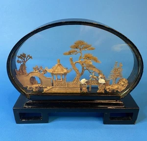 Vintage San You Asian Hand Carved Cork Art 3D Diorama Cranes, Pagoda & Bonsai - Picture 1 of 3
