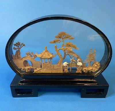 Vintage San You Asian Hand Carved Cork Art 3D Diorama Cranes, Pagoda & Bonsai - Image 1 of 3