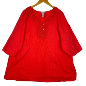 Catherines Tunika Top Damen 3X 26/28W rot Boho Häkelborte Knopf Bluse Baumwolle - Bild 1 von 14
