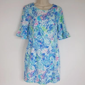 Abito tubino elasticizzato donna Lilly Pulitzer Fiesta 6 blu rosa floreale buco della serratura - Foto 1 di 13