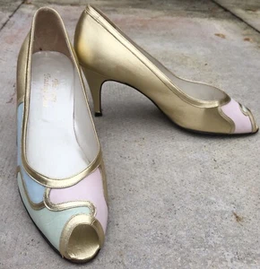 UK5 Vintage 1980s Metallic Gold Leather & Pink/Blue/Green Peep-Toe Shoes - Picture 1 of 24