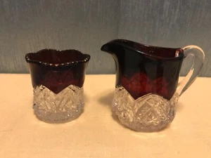 RUBY RED CRYSTAL HEART DESIGN PRESSED GLASS CREAMER & SUGAR/TOOTHPICK HOLDER - Picture 1 of 11