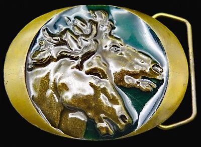 Hebilla de cinturón vintage artesanal de metal Wild Horses Indiana Foto 1 de 4