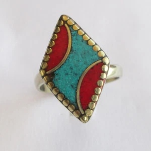 Tibetan Silver Turquoise Red Coral Original Jewelry Adjustable Unisex Ring R45 - Picture 1 of 7