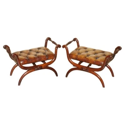 PAIR OF ANTIQUE BROWN LEATHER CHESTERFIELD TUFTED REGENCY FRAMED FOOTSTOOLS - Image 1 of 4
