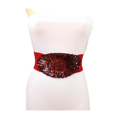 Women Red Wide Elastic Dance Dress Fancy Belt Black Sequins Peacock Feather S M - Image 1 of 4