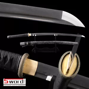 full black Japanese samurai practice sword small tsuba katana Folded Steel Sharp - Picture 1 of 11