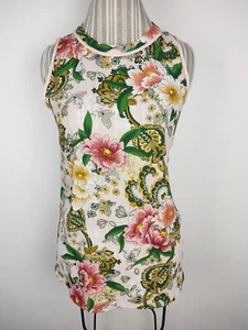 Camicia multicolore floreale senza maniche Carmen Marc Valvo taglia XS cravatta collo foro della serratura - Foto 1 di 5