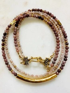 Mystic Moonstone Pink Aventurine Double Strand Beaded Necklace Non-Tarnish Gold - Picture 1 of 9