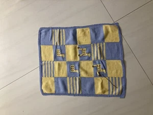Colorblock Hand Knit Baby Blanket Yellow And Blue with Giraffes - Picture 1 of 5