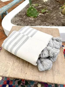Wool Throw Blanket Cover, Moroccan Pom Pom Throw Blanket, Gray Throw Blanket - Picture 1 of 3