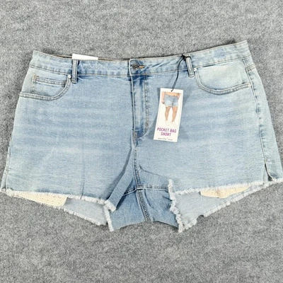 Vanilla Star Pocket Bag Short Womens 22W Blue Frayed Hem Denim High Rise Shorts - Image 1 of 4