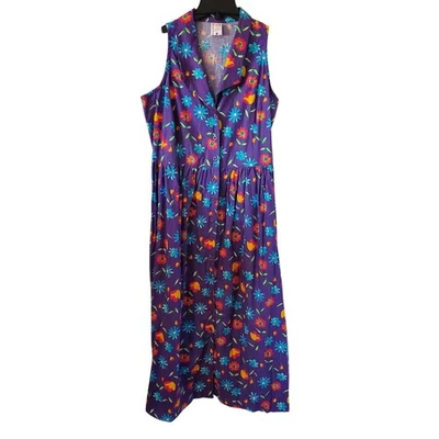 Hanna Andersson Sleeveless Button Front Floral Print Mid Dress Large Purple - Image 1 of 4