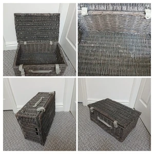 Vintage 1980s - Rustic Gray Wicker Empty Hamper Case Picnic Basket Storage Gift - Picture 1 of 6