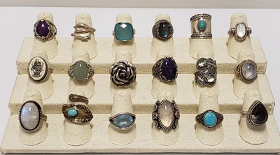 Lot of 18 Sterling Silver Multi Gemstone & Statement Rings Bands Sizes 6 7 8 - Image 1 of 4