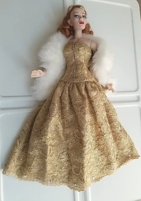 16" VIVIAN No DOLL OOAK Artist Gold Gown LACE DRESS White Fur BOA OUTFIT TONNER  - Image 1 of 4