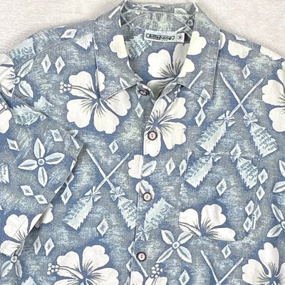 Винтажная гавайская рубашка Billabong для лагеря мужская M синяя с цветочным рисунком AOP деревянные пуговицы отделки сделано в США - Изображение 1 из 4