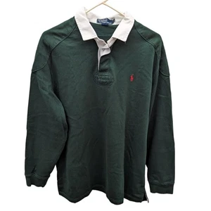 Vintage Polo Ralph Lauren Green Long Sleeve Rugby Elbow Patch Polo Shirt Large L - Picture 1 of 9