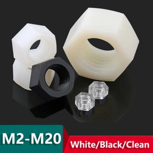 M2-M20 Black / White Plastic Nylon Hex Nut M2.5 M3 M4 M5 M6 M8 M10 M12/14/16/18 - Picture 1 of 16