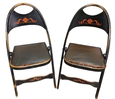 Lot of 2 Louis Rastette & Sons Wooden Folding Chairs Solid Kumfort Antique Vtg Cover