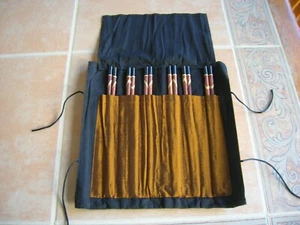6 pairs CHOPSTICKS inlaid wood cloth roll wrap storage holder wooden brown - Picture 1 of 11