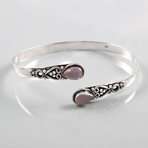 925 Sterling Silver Natural Rose Quartz Gemstone Jewelry Handmade Cuff Bracelet - Picture 1 of 2