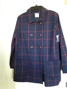 Giacca da donna vecchia blu navy a L blu rosso a quadretti cappotto di pea doppio seno misto lana NUOVA - Foto 1 di 4