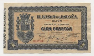 Spain España, Gijon 100 Ptas Sept 1937 Pick S580 XF- Circulated Banknote - Picture 1 of 2
