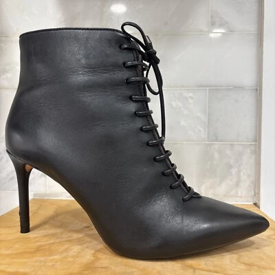 Antonio Melani Henrietta Black Leather Pointy Toe Lace Up High Heel 8 M Boots - Image 1 of 4