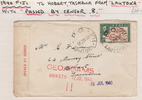 Fiji 1940 Neat censored cover to Hobart franked 2d, Lautoka cds, Passed by Cen Cover