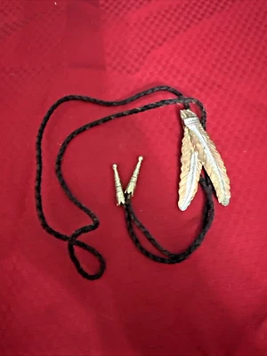 Vintage Bolo Tie Large Feathers Bronze & Silver-tone Western Native Cowboy - Image 1 of 4