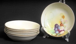 Nippon Berry Bowl Set 6 Porcelain Hand Painted Grape Clusters Leaf Gold Rim - Picture 1 of 5