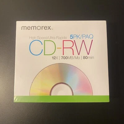 Memorex CD-RW 5 包紧凑型磁盘 12X 700MB 80 分钟高速全新未拆封  — 第 1/2 张图片