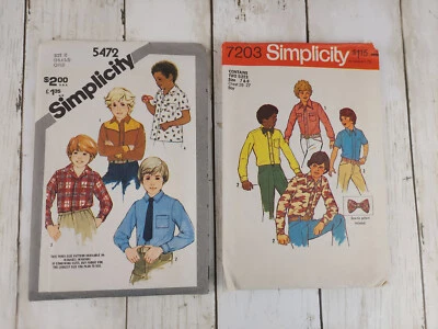 2 1970s-80s Boys Button up Collar Shirts + Bow Tie Vintage Patterns Western Vtg - Image 1 of 4