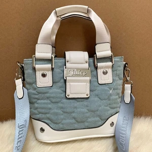 JUICY COUTURE NEW Light Blue Quilted Denim Small Tote White Trim Crossbody Strap - Picture 1 of 18