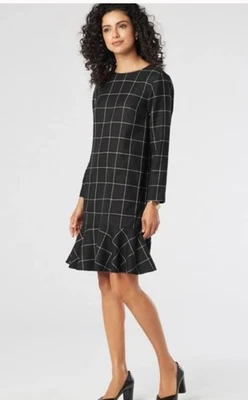 Pendleton Dress Long Sleeve Virgin Wool Ruffle Hem Windowpane Black Dress sz 14P - Image 1 of 4