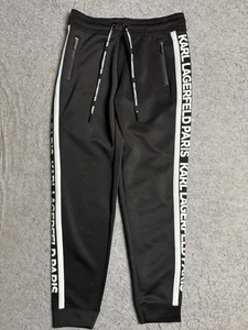 Karl Lagerfeld Paris Pants Mens XS Black Logo Tape Joggers Zip Pockets Track - Picture 1 of 11